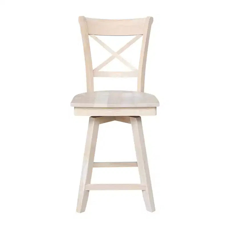 Taburete de barra Charlotte con altura de mostrador, giratorio y retorno automático sin terminar - International Concepts: Estructura de madera, diseño de respaldo en X, limpieza localizada