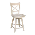 Taburete de barra Charlotte con altura de mostrador, giratorio y retorno automático sin terminar - International Concepts: Estructura de madera, diseño de respaldo en X, limpieza localizada