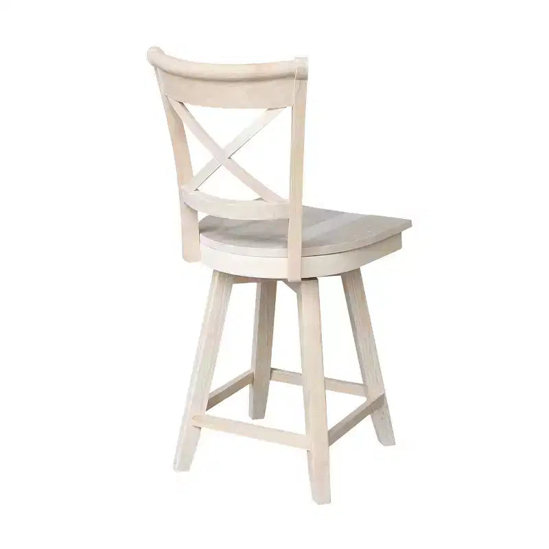 Taburete de barra Charlotte con altura de mostrador, giratorio y retorno automático sin terminar - International Concepts: Estructura de madera, diseño de respaldo en X, limpieza localizada