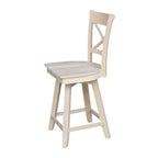 Taburete de barra Charlotte con altura de mostrador, giratorio y retorno automático sin terminar - International Concepts: Estructura de madera, diseño de respaldo en X, limpieza localizada