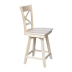 Taburete de barra Charlotte con altura de mostrador, giratorio y retorno automático sin terminar - International Concepts: Estructura de madera, diseño de respaldo en X, limpieza localizada
