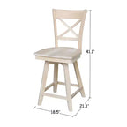 Taburete de barra Charlotte con altura de mostrador, giratorio y retorno automático sin terminar - International Concepts: Estructura de madera, diseño de respaldo en X, limpieza localizada