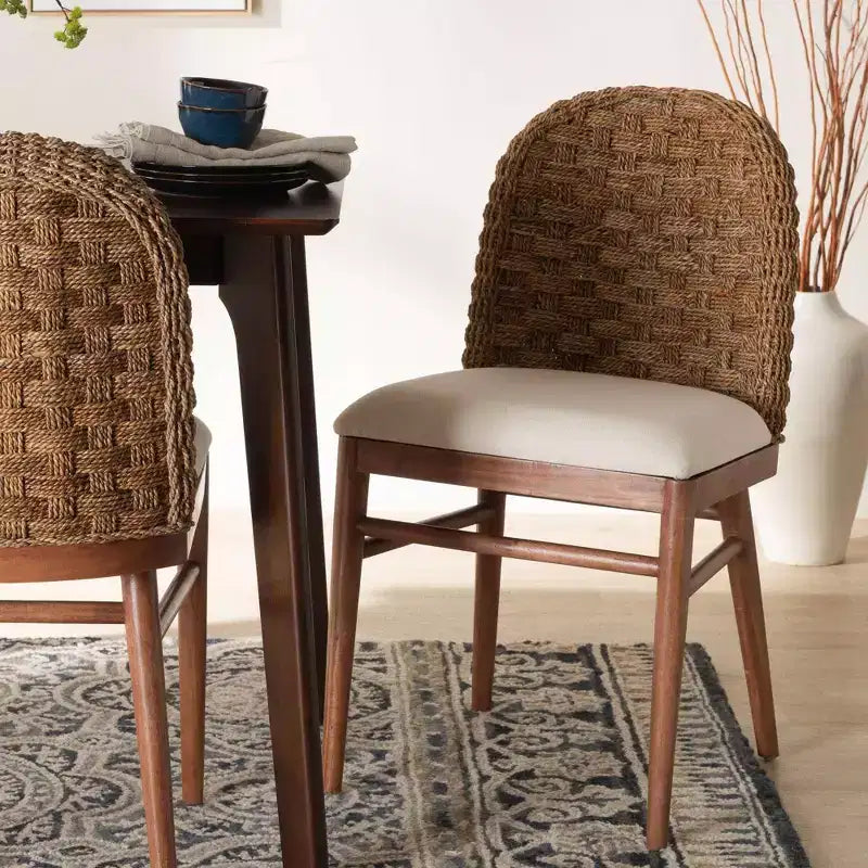 bali & pari Silla de Comedor de Madera de Acacia y Hierba Marina Denver Blanca/Nogal Marrón: Estilo Bohemio, Acolchada con Espuma