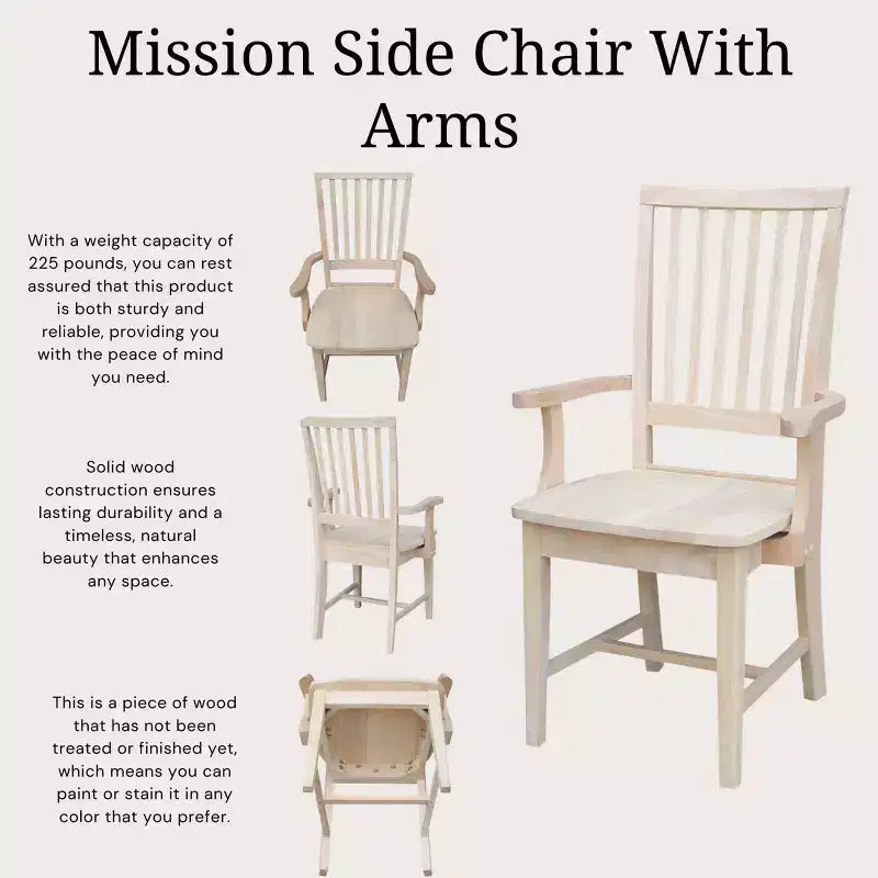 Silla Auxiliar Mission con Brazos sin Acabado - International Concepts: Madera Maciza, Respaldo de Listones, Muebles de Cocina