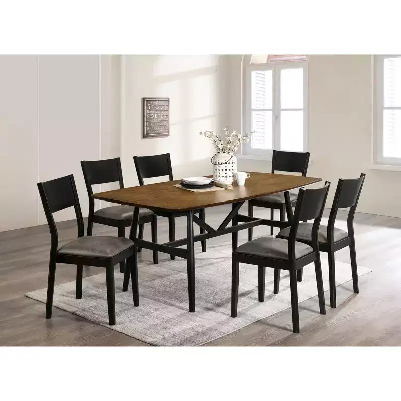Juego de comedor moderno de mediados de siglo de 7 piezas Bernst en roble antiguo/negro/gris - miBasics: madera de caucho, sillas tapizadas, base de caballete