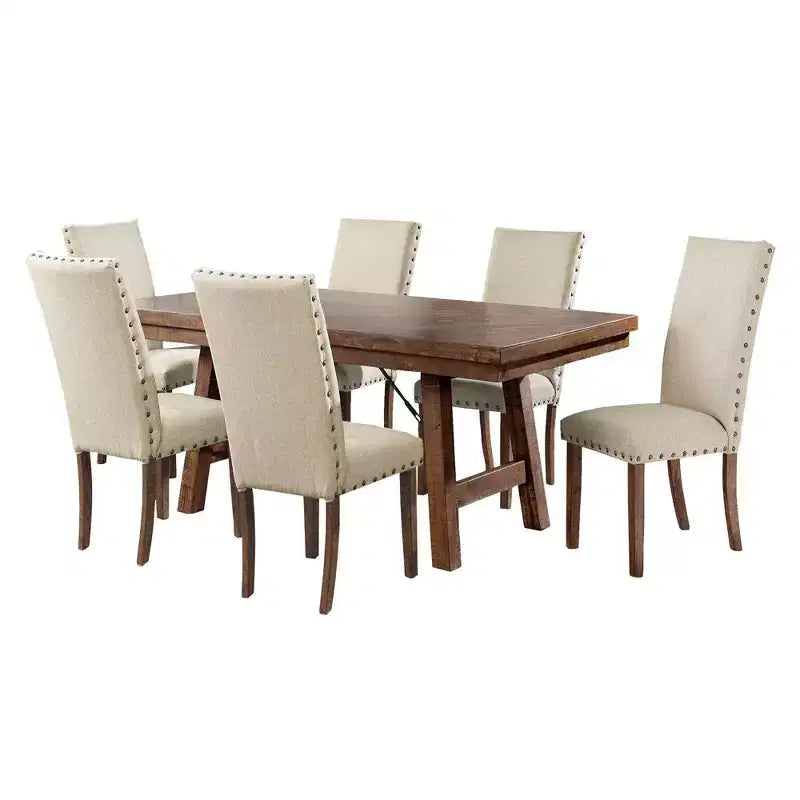 Juego de comedor extensible de 7 piezas Dex y 6 sillas laterales tapizadas en nogal/crema - Picket House Furnishings: Acabado ahumado, patas acampanadas