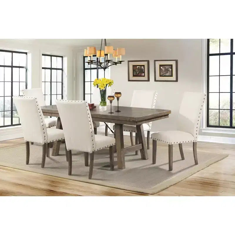 Juego de comedor extensible de 7 piezas Dex y 6 sillas laterales tapizadas en nogal/crema - Picket House Furnishings: Acabado ahumado, patas acampanadas