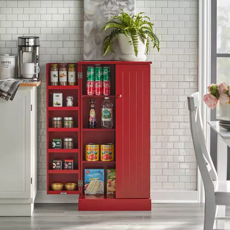 Buylateral Alacena auxiliar roja: Estilo de transición, Fabricación en MDF, 3 estantes ajustables, 10 compartimentos en la puerta