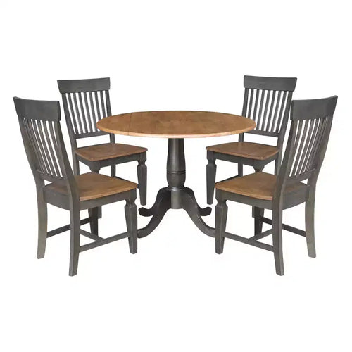 5pc 42" Round Dual Drop Leaf Dining Table with 4 Slat Back Chairs Hickory/Washed Coal - International Concepts: Rubberwood, Pedestal Base