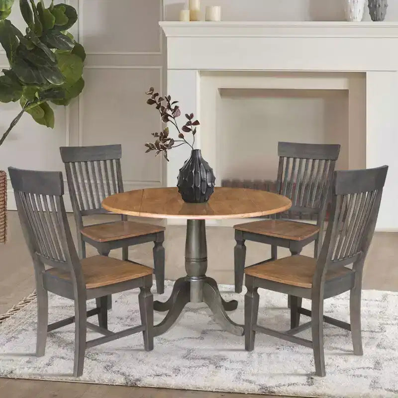 Mesa de comedor redonda de 42" con doble hoja abatible y 4 sillas con respaldo de listones nogal americano/carbón lavado - International Concepts: Madera de caucho, Base de pedestal