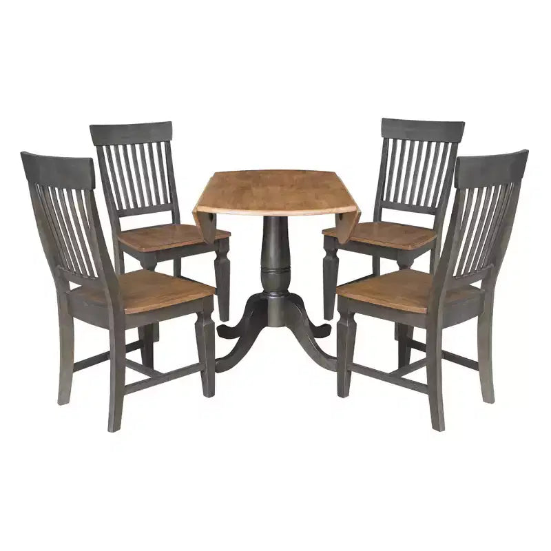 Mesa de comedor redonda de 42" con doble hoja abatible y 4 sillas con respaldo de listones nogal americano/carbón lavado - International Concepts: Madera de caucho, Base de pedestal
