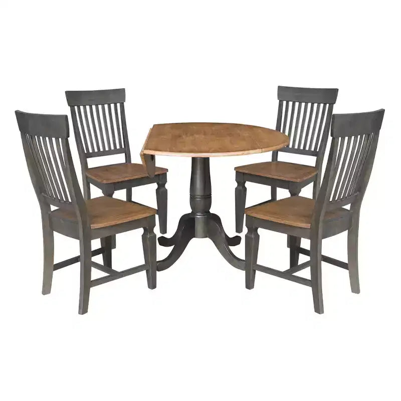 Mesa de comedor redonda de 42" con doble hoja abatible y 4 sillas con respaldo de listones nogal americano/carbón lavado - International Concepts: Madera de caucho, Base de pedestal