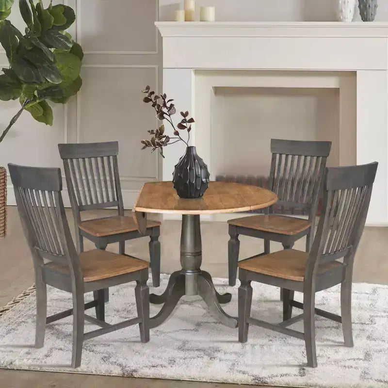 Mesa de comedor redonda de 42" con doble hoja abatible y 4 sillas con respaldo de listones nogal americano/carbón lavado - International Concepts: Madera de caucho, Base de pedestal