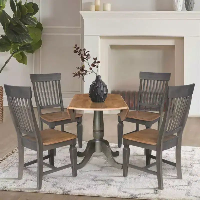 Mesa de comedor redonda de 42" con doble hoja abatible y 4 sillas con respaldo de listones nogal americano/carbón lavado - International Concepts: Madera de caucho, Base de pedestal