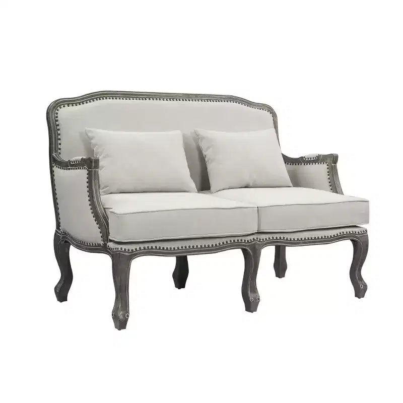 56" Tania Sofas Cream Linen and Brown Finish - Acme Furniture: French Cabriole, Nailhead Trim, No Assembly Required
