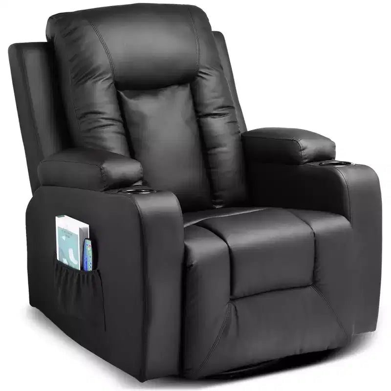 Sillón reclinable con palanca lateral COMHOMA, sofá balancín de cuero de PU con masaje térmico, negro