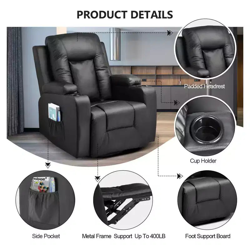 Sillón reclinable con palanca lateral COMHOMA, sofá balancín de cuero de PU con masaje térmico, negro