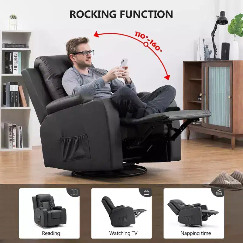 Sillón reclinable con palanca lateral COMHOMA, sofá balancín de cuero de PU con masaje térmico, negro