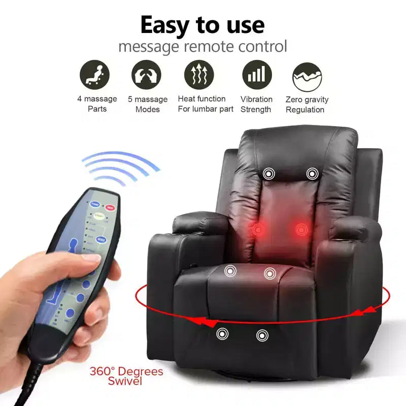 Sillón reclinable con palanca lateral COMHOMA, sofá balancín de cuero de PU con masaje térmico, negro