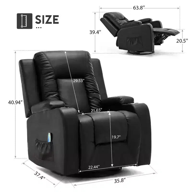 Sillón reclinable con palanca lateral COMHOMA, sofá balancín de cuero de PU con masaje térmico, negro