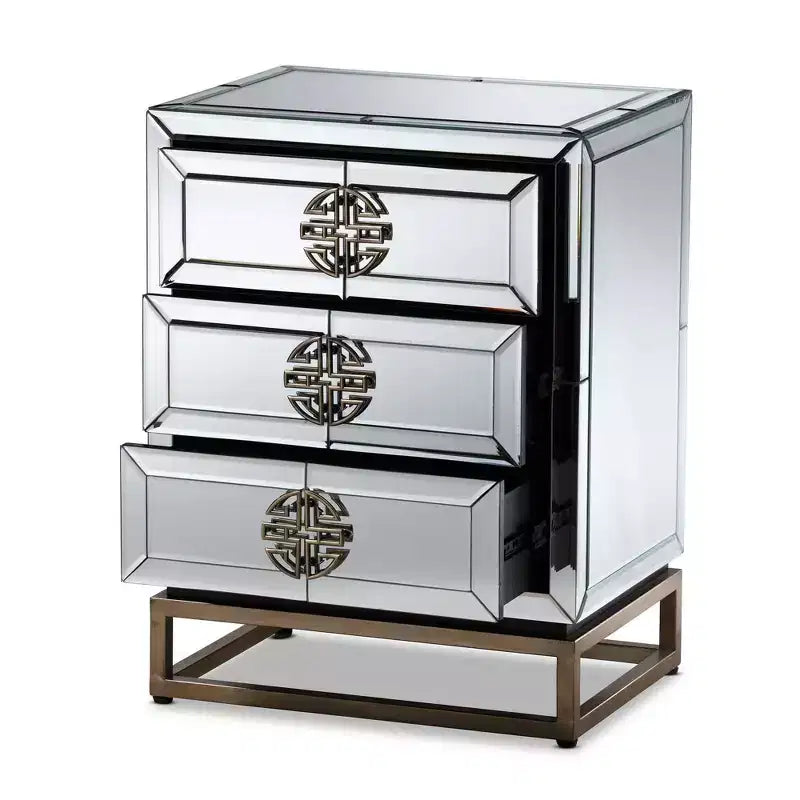 Laken Mesita de noche con espejo de 3 cajones - Baxton Studio: Elegante bronce antiguo, bordes biselados, no requiere montaje