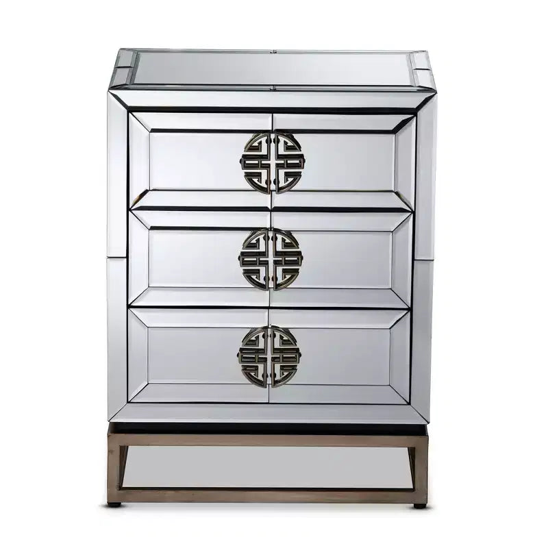 Laken Mesita de noche con espejo de 3 cajones - Baxton Studio: Elegante bronce antiguo, bordes biselados, no requiere montaje