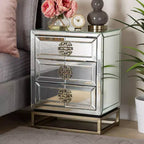 Laken Mesita de noche con espejo de 3 cajones - Baxton Studio: Elegante bronce antiguo, bordes biselados, no requiere montaje