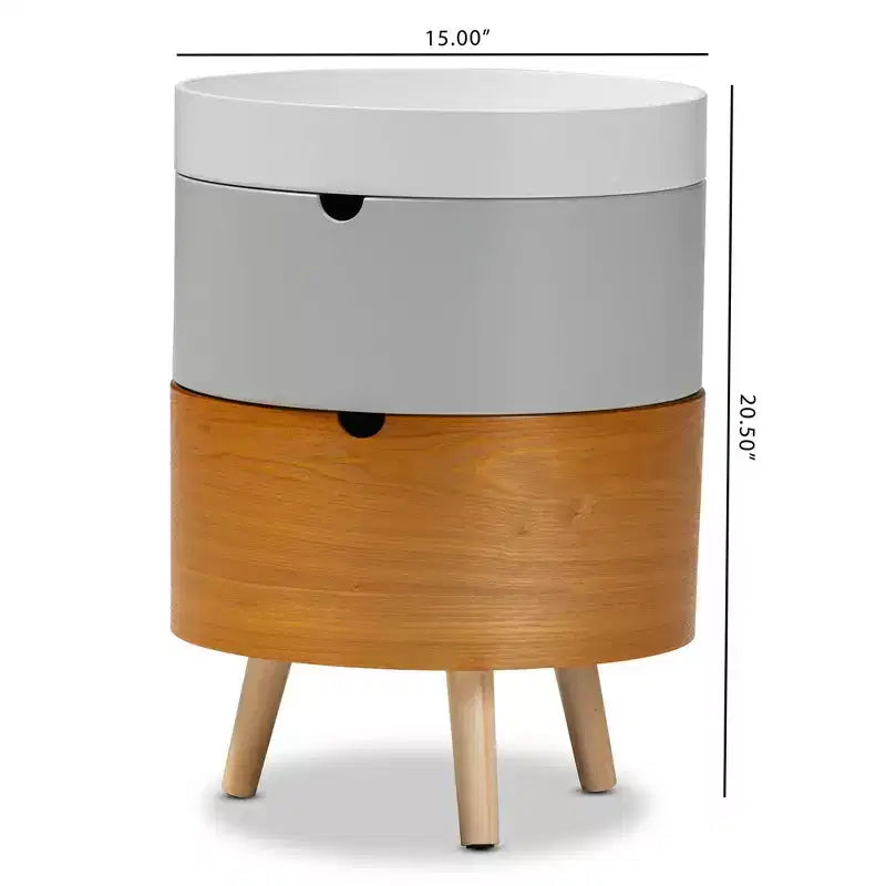 Mesita de Noche Elison de Madera Blanca de 3 Niveles - Baxton Studio: Mesita de Noche de Almacenamiento y Bandeja Extraíble de Mediados de Siglo