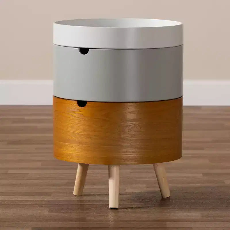 Mesita de Noche Elison de Madera Blanca de 3 Niveles - Baxton Studio: Mesita de Noche de Almacenamiento y Bandeja Extraíble de Mediados de Siglo