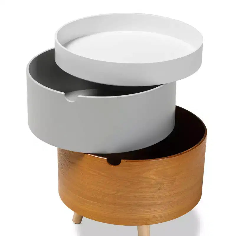 Mesita de Noche Elison de Madera Blanca de 3 Niveles - Baxton Studio: Mesita de Noche de Almacenamiento y Bandeja Extraíble de Mediados de Siglo