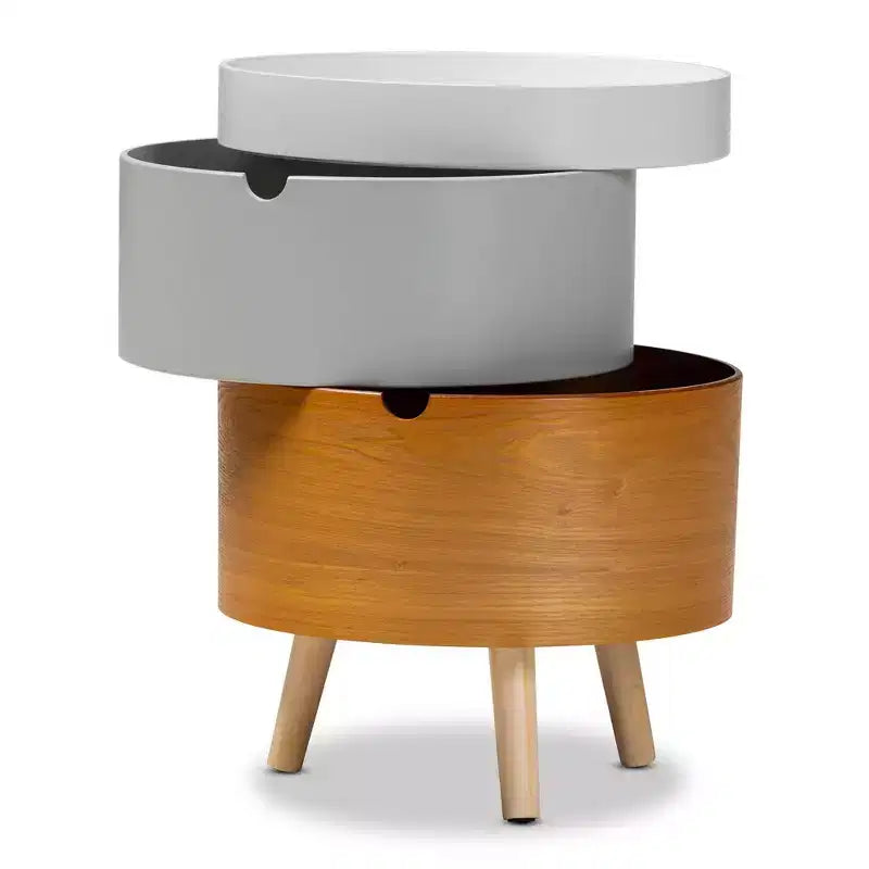 Mesita de Noche Elison de Madera Blanca de 3 Niveles - Baxton Studio: Mesita de Noche de Almacenamiento y Bandeja Extraíble de Mediados de Siglo