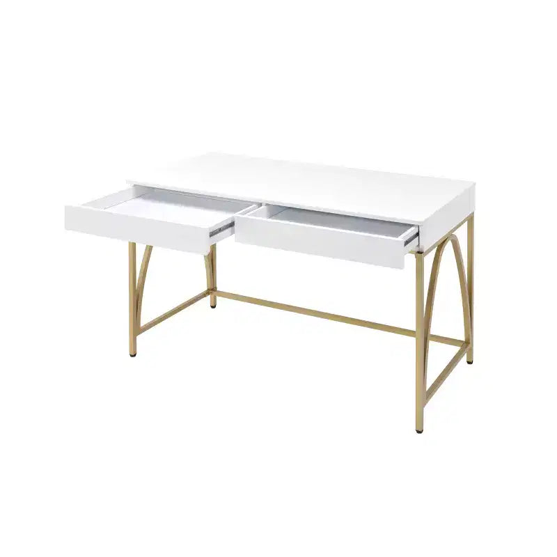 Mesa de tocador Lightmane de 50" en blanco brillante y acabado dorado - Muebles Acme