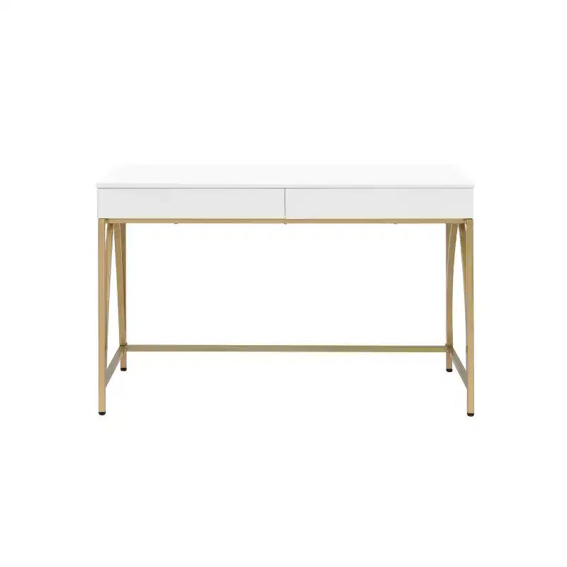 Mesa de tocador Lightmane de 50" en blanco brillante y acabado dorado - Muebles Acme
