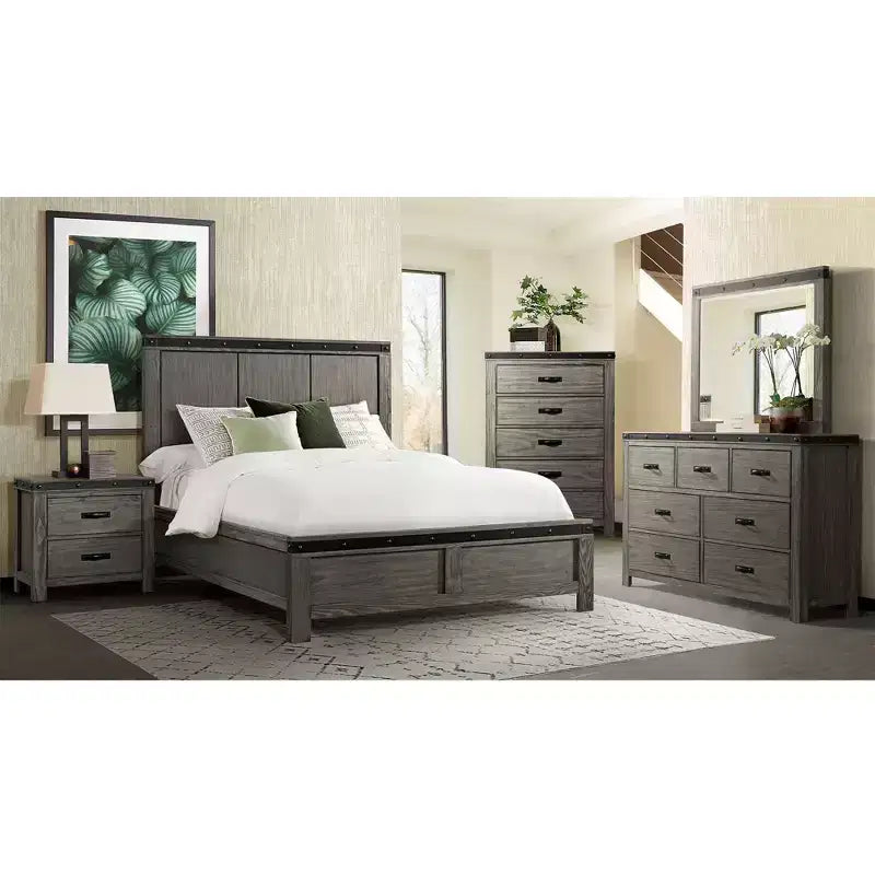 Juego de dormitorio de 6 piezas King Montauk Panel Gris - Picket House Furnishings: Incluye cómoda, sinfonier y mesita de noche