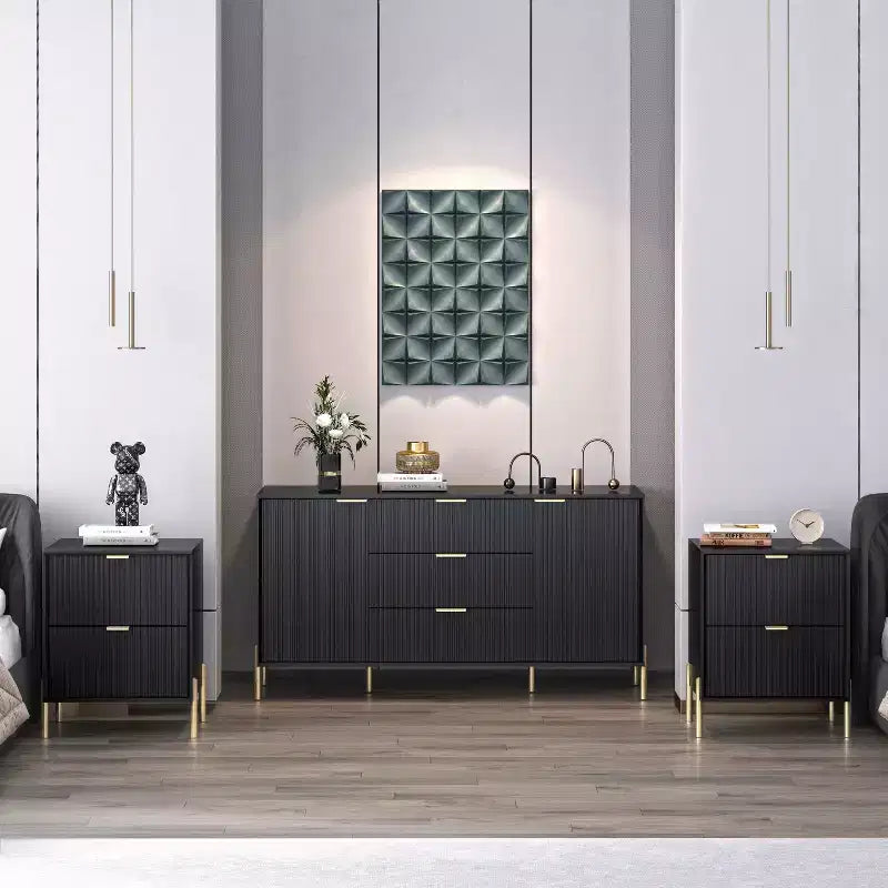 Festivo Set de 3 Piezas Modern Elegance de 2 Mesitas de Noche con Cajones y Cómoda de 3 Cajones Negro