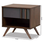 Mesita de Noche Naoki de Madera Bicolor de 1 Cajón Gris/Nogal - Baxton Studio: Almacenamiento junto a la Cama, Patas Inclinadas, Diseño Retro