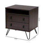 Mesita de noche de 2 cajones Glover Wood and Metal en marrón/negro - Baxton Studio: Mueble de noche moderno con estante abierto