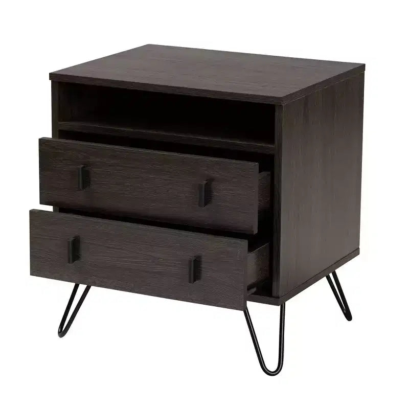 Mesita de noche de 2 cajones Glover Wood and Metal en marrón/negro - Baxton Studio: Mueble de noche moderno con estante abierto