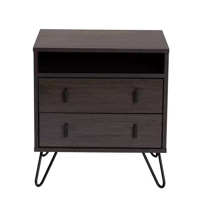 Mesita de noche de 2 cajones Glover Wood and Metal en marrón/negro - Baxton Studio: Mueble de noche moderno con estante abierto