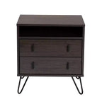 Mesita de noche de 2 cajones Glover Wood and Metal en marrón/negro - Baxton Studio: Mueble de noche moderno con estante abierto