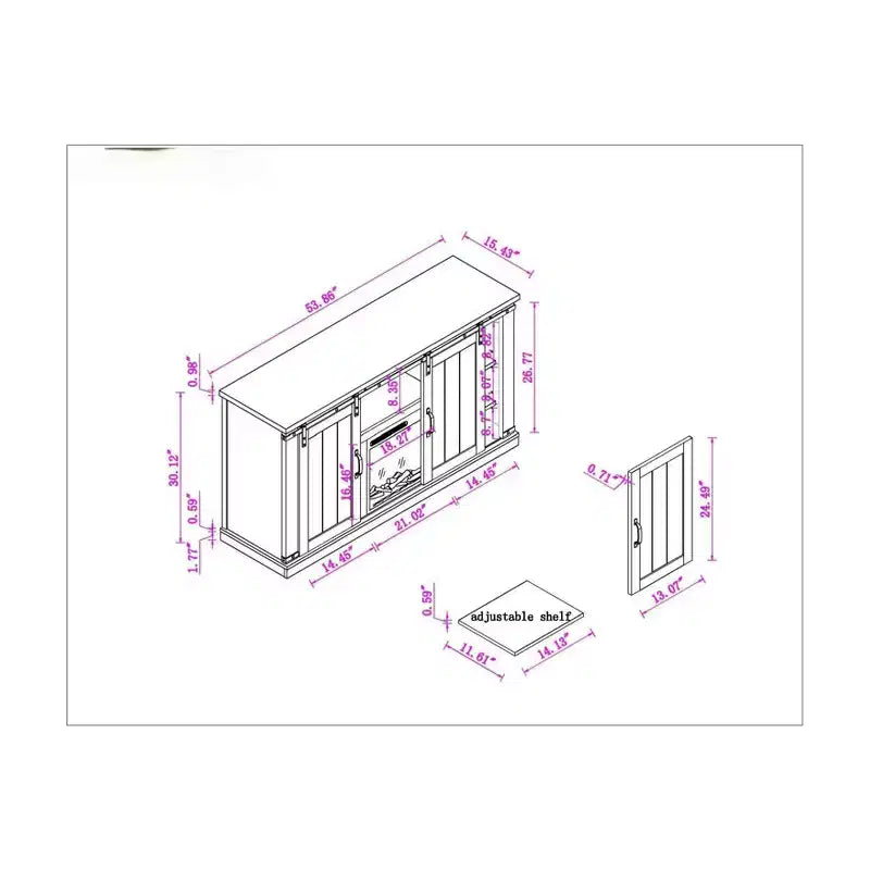 Mueble para TV con chimenea eléctrica para televisores de hasta 60" con acabado "saw cut": Esenciales para el hogar, consola con puertas de granero, gestión de cables