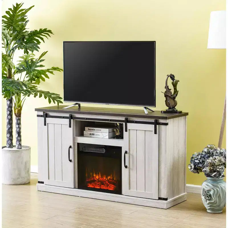 Mueble para TV con chimenea eléctrica para televisores de hasta 60" con acabado "saw cut": Esenciales para el hogar, consola con puertas de granero, gestión de cables
