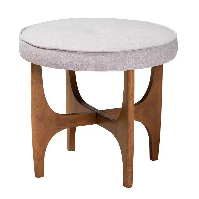 Puf otomano de tela y madera Theo gris beis/marrón nogal - Baxton Studio