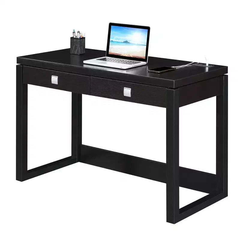 Escritorio de 2 cajones Newport con estación de carga Espresso/Negro - Breighton Home: Estación de trabajo para oficina en casa, construcción de MDF