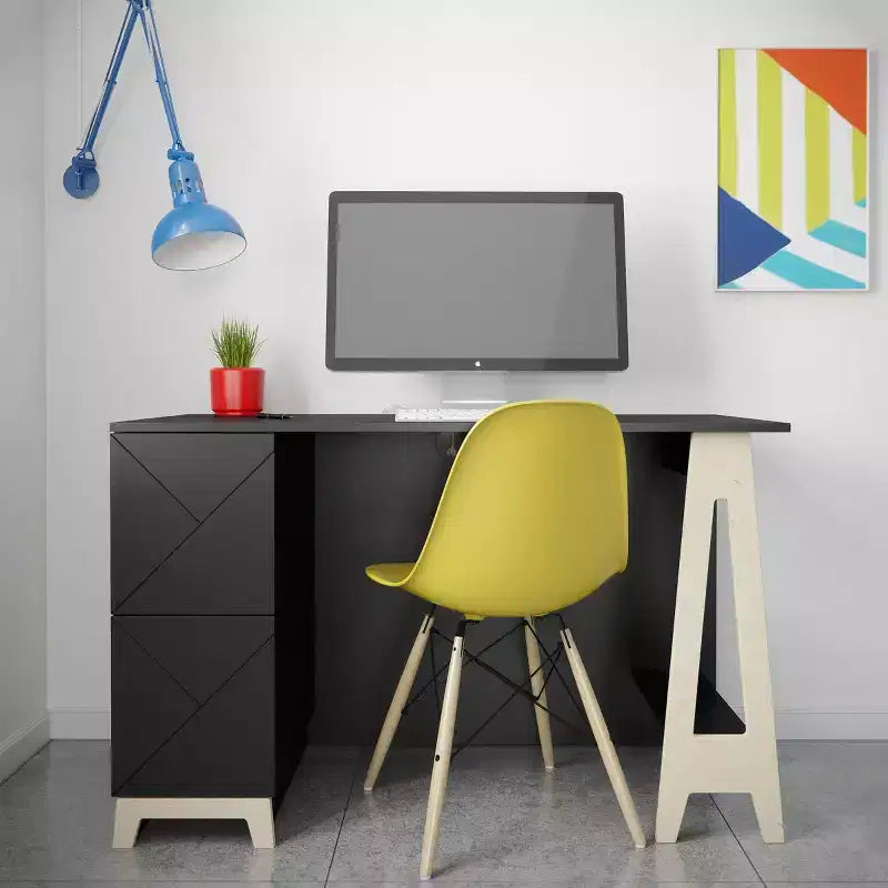 Escritorio Nexera Atypik de 2 Cajones Negro/Contrachapado Abedul: MDF Lacado, Estante Abierto, Requiere Montaje para Adultos