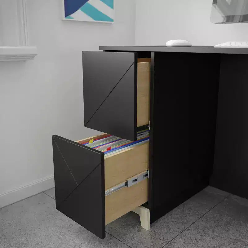 Escritorio Nexera Atypik de 2 Cajones Negro/Contrachapado Abedul: MDF Lacado, Estante Abierto, Requiere Montaje para Adultos
