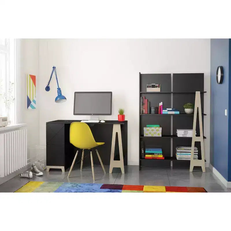 Escritorio Nexera Atypik de 2 Cajones Negro/Contrachapado Abedul: MDF Lacado, Estante Abierto, Requiere Montaje para Adultos