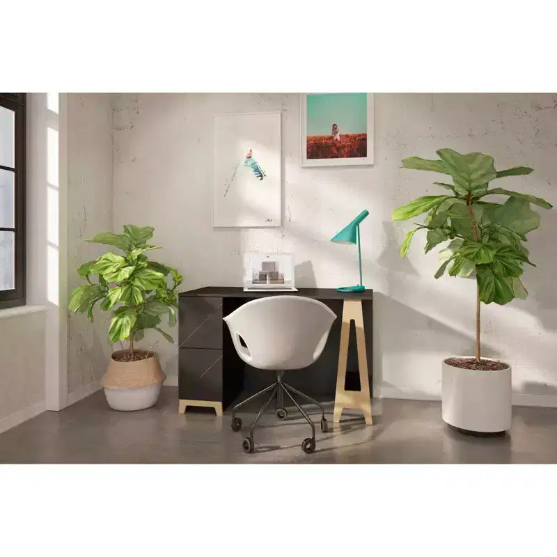 Escritorio Nexera Atypik de 2 Cajones Negro/Contrachapado Abedul: MDF Lacado, Estante Abierto, Requiere Montaje para Adultos