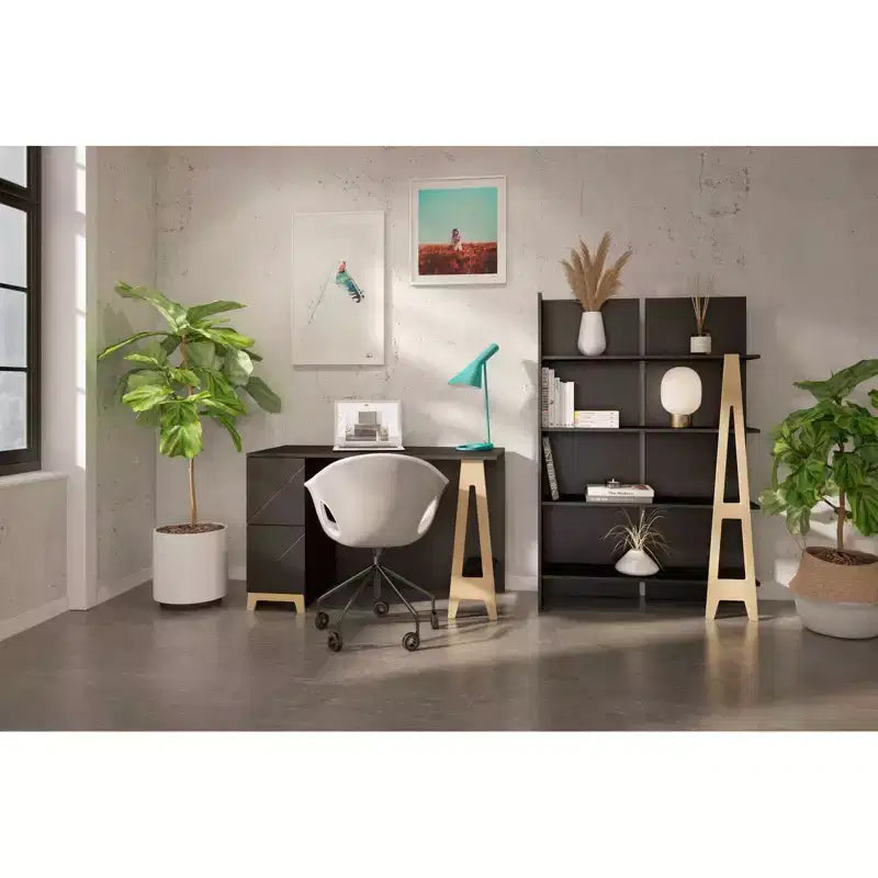 Escritorio Nexera Atypik de 2 Cajones Negro/Contrachapado Abedul: MDF Lacado, Estante Abierto, Requiere Montaje para Adultos