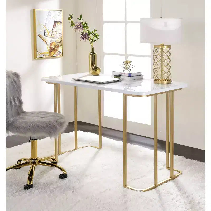 Acme Furniture Estie Escritorio Blanco/Dorado: Elegante Oficina en Casa, Mesa de Estudio para Adolescentes y Niños, Sin Almacenamiento